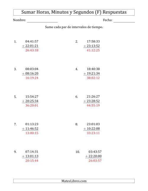 La hoja de ejercicios de Sumar Intervalos de Tiempo en Horas, Minutos y Segundos (Formato Compacto) (F) Página 2