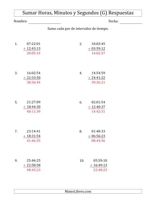 La hoja de ejercicios de Sumar Intervalos de Tiempo en Horas, Minutos y Segundos (Formato Compacto) (G) Página 2