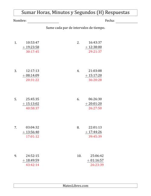 La hoja de ejercicios de Sumar Intervalos de Tiempo en Horas, Minutos y Segundos (Formato Compacto) (H) Página 2