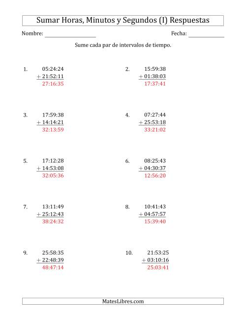 La hoja de ejercicios de Sumar Intervalos de Tiempo en Horas, Minutos y Segundos (Formato Compacto) (I) Página 2
