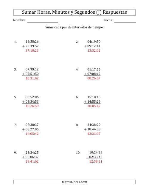 La hoja de ejercicios de Sumar Intervalos de Tiempo en Horas, Minutos y Segundos (Formato Compacto) (J) Página 2