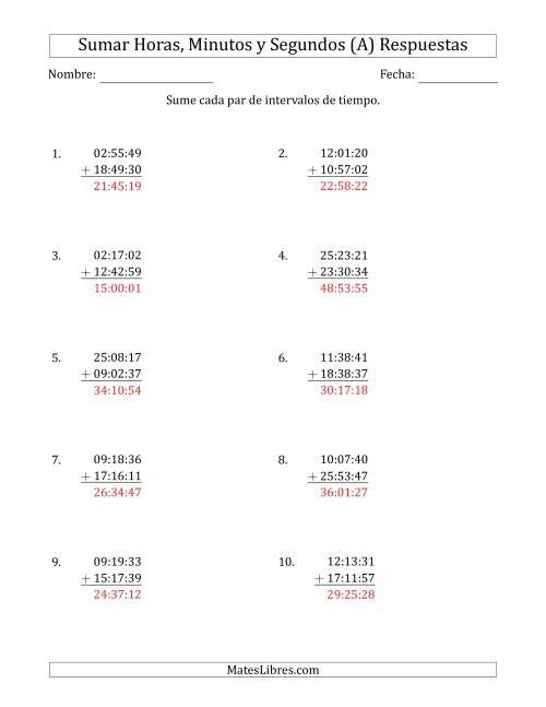 La hoja de ejercicios de Sumar Intervalos de Tiempo en Horas, Minutos y Segundos (Formato Compacto) (Todas) Página 2