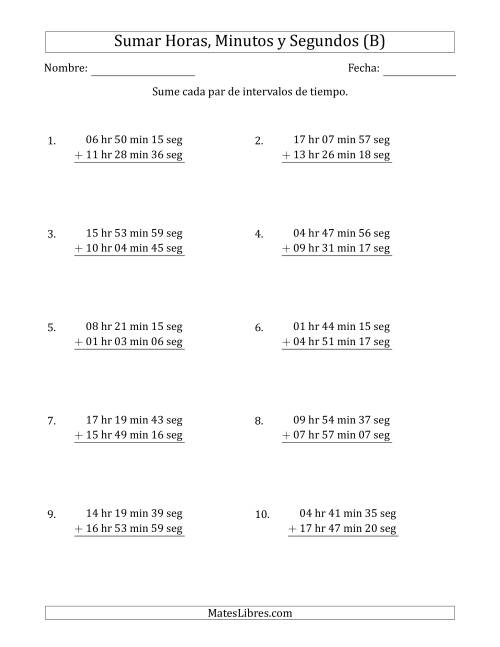 La hoja de ejercicios de Sumar Intervalos de Tiempo en Horas, Minutos y Segundos (Formato Largo) (B)