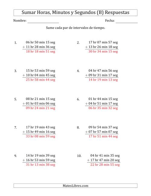 La hoja de ejercicios de Sumar Intervalos de Tiempo en Horas, Minutos y Segundos (Formato Largo) (B) Página 2