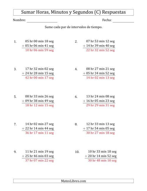 La hoja de ejercicios de Sumar Intervalos de Tiempo en Horas, Minutos y Segundos (Formato Largo) (C) Página 2
