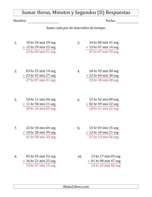 La hoja de ejercicios de Sumar Intervalos de Tiempo en Horas, Minutos y Segundos (Formato Largo) (D) Página 2