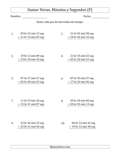 La hoja de ejercicios de Sumar Intervalos de Tiempo en Horas, Minutos y Segundos (Formato Largo) (F)