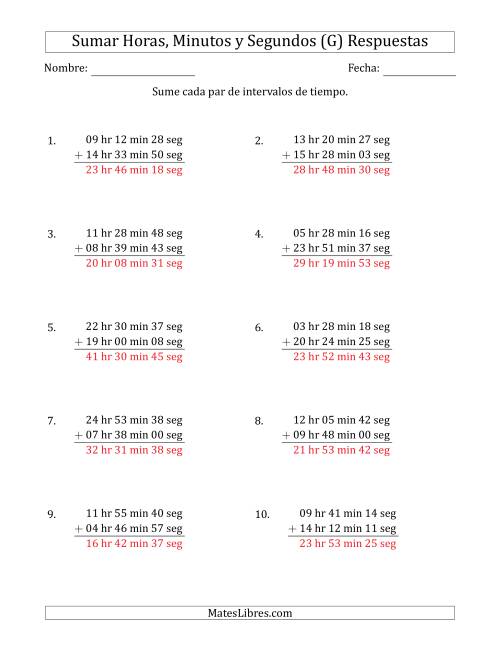 La hoja de ejercicios de Sumar Intervalos de Tiempo en Horas, Minutos y Segundos (Formato Largo) (G) Página 2
