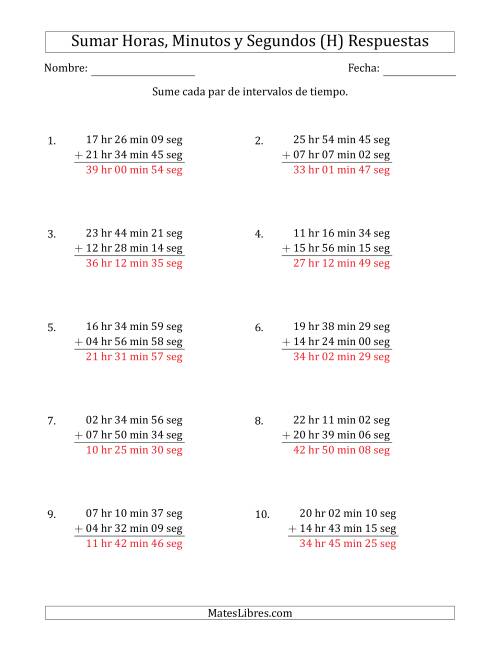La hoja de ejercicios de Sumar Intervalos de Tiempo en Horas, Minutos y Segundos (Formato Largo) (H) Página 2