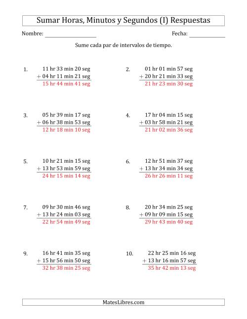 La hoja de ejercicios de Sumar Intervalos de Tiempo en Horas, Minutos y Segundos (Formato Largo) (I) Página 2