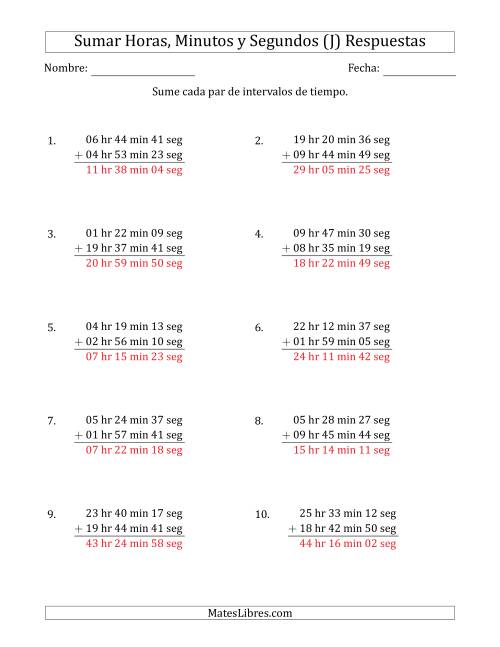 La hoja de ejercicios de Sumar Intervalos de Tiempo en Horas, Minutos y Segundos (Formato Largo) (J) Página 2