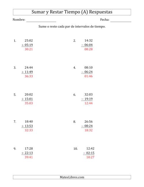La hoja de ejercicios de Sumar y Restar Intervalos de Tiempo en Horas y Minutos (Formato Compacto) (A) Página 2
