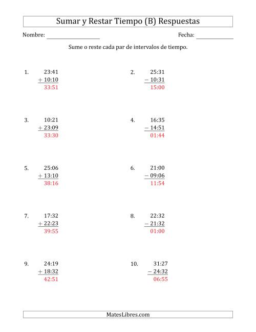 La hoja de ejercicios de Sumar y Restar Intervalos de Tiempo en Horas y Minutos (Formato Compacto) (B) Página 2