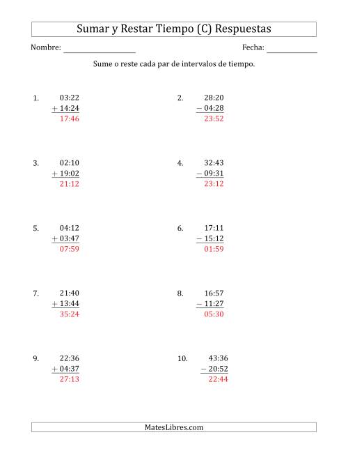 La hoja de ejercicios de Sumar y Restar Intervalos de Tiempo en Horas y Minutos (Formato Compacto) (C) Página 2
