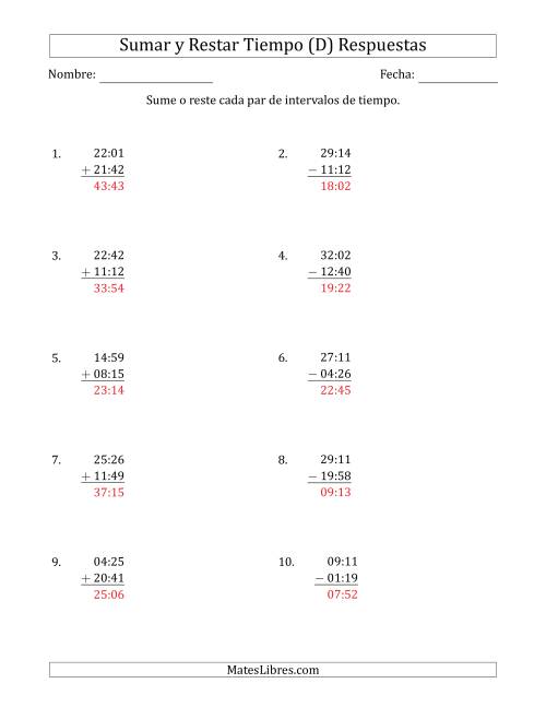 La hoja de ejercicios de Sumar y Restar Intervalos de Tiempo en Horas y Minutos (Formato Compacto) (D) Página 2
