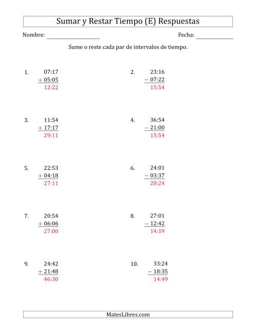 La hoja de ejercicios de Sumar y Restar Intervalos de Tiempo en Horas y Minutos (Formato Compacto) (E) Página 2