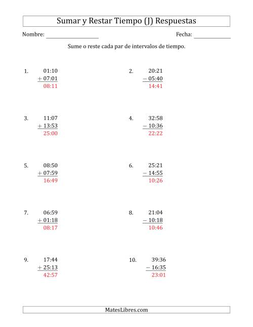 La hoja de ejercicios de Sumar y Restar Intervalos de Tiempo en Horas y Minutos (Formato Compacto) (J) Página 2