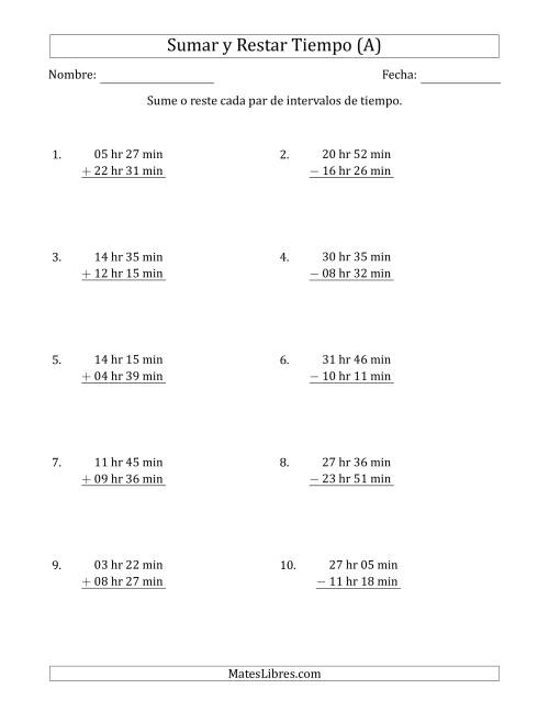 La hoja de ejercicios de Sumar y Restar Intervalos de Tiempo en Horas y Minutos (Formato Largo) (A)