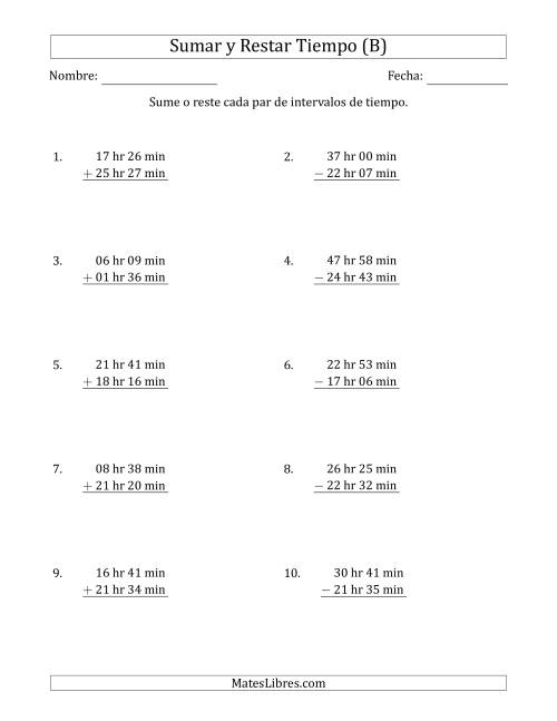 La hoja de ejercicios de Sumar y Restar Intervalos de Tiempo en Horas y Minutos (Formato Largo) (B)