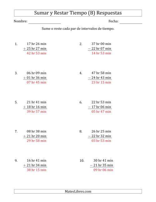 La hoja de ejercicios de Sumar y Restar Intervalos de Tiempo en Horas y Minutos (Formato Largo) (B) Página 2