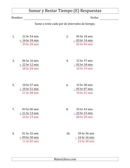 La hoja de ejercicios de Sumar y Restar Intervalos de Tiempo en Horas y Minutos (Formato Largo) (E) Página 2