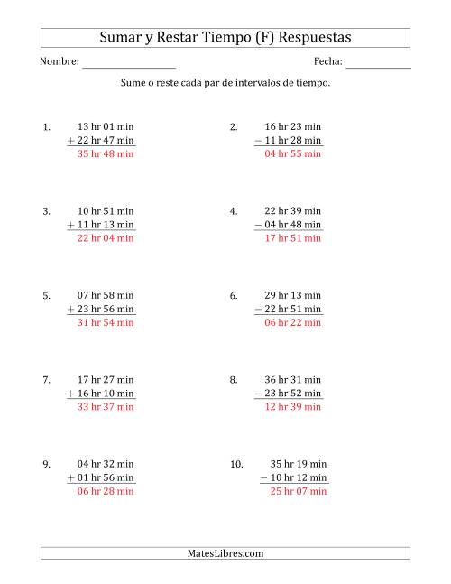 La hoja de ejercicios de Sumar y Restar Intervalos de Tiempo en Horas y Minutos (Formato Largo) (F) Página 2
