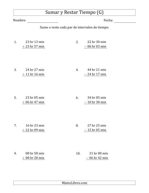 La hoja de ejercicios de Sumar y Restar Intervalos de Tiempo en Horas y Minutos (Formato Largo) (G)