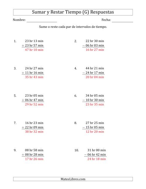 La hoja de ejercicios de Sumar y Restar Intervalos de Tiempo en Horas y Minutos (Formato Largo) (G) Página 2