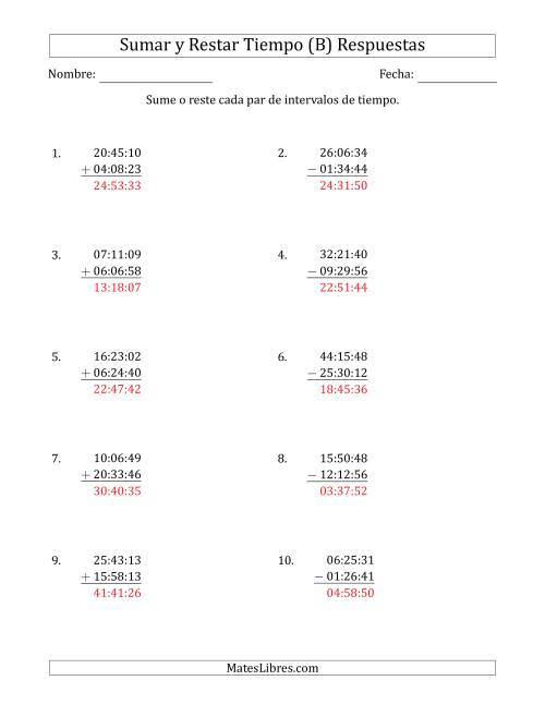 La hoja de ejercicios de Sumar y Restar Intervalos de Tiempo en Horas, Minutos y Segundos (Formato Compacto) (B) Página 2