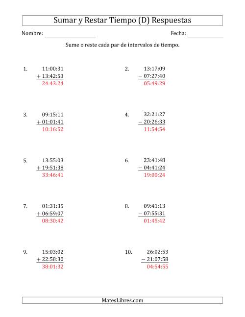 La hoja de ejercicios de Sumar y Restar Intervalos de Tiempo en Horas, Minutos y Segundos (Formato Compacto) (D) Página 2