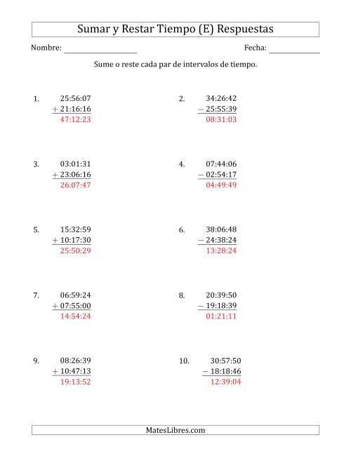 La hoja de ejercicios de Sumar y Restar Intervalos de Tiempo en Horas, Minutos y Segundos (Formato Compacto) (E) Página 2