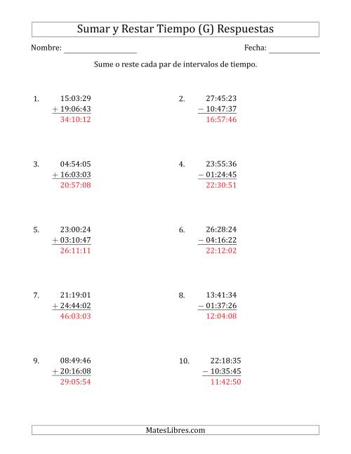 La hoja de ejercicios de Sumar y Restar Intervalos de Tiempo en Horas, Minutos y Segundos (Formato Compacto) (G) Página 2