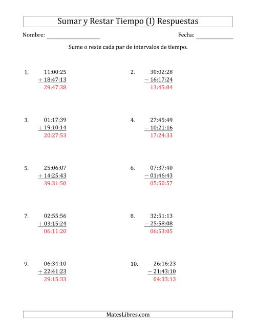 La hoja de ejercicios de Sumar y Restar Intervalos de Tiempo en Horas, Minutos y Segundos (Formato Compacto) (I) Página 2