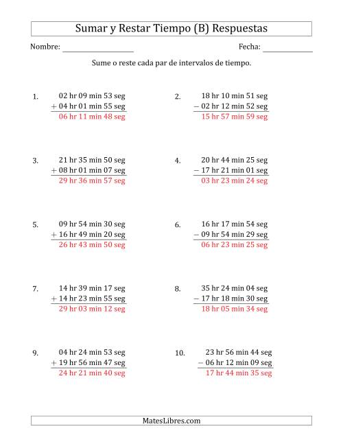 La hoja de ejercicios de Sumar y Restar Intervalos de Tiempo en Horas, Minutos y Segundos (Formato Largo) (B) Página 2