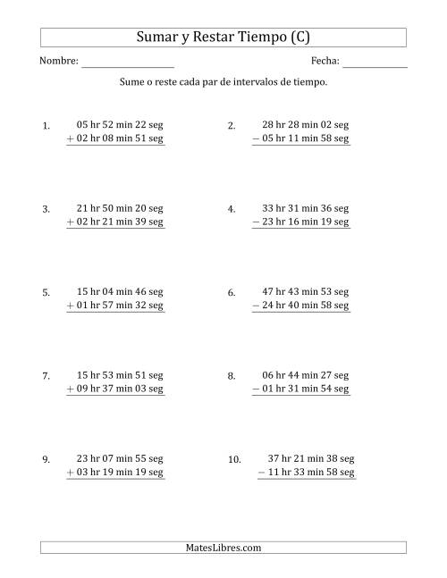 La hoja de ejercicios de Sumar y Restar Intervalos de Tiempo en Horas, Minutos y Segundos (Formato Largo) (C)