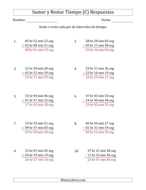 La hoja de ejercicios de Sumar y Restar Intervalos de Tiempo en Horas, Minutos y Segundos (Formato Largo) (C) Página 2