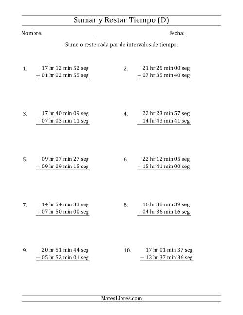 La hoja de ejercicios de Sumar y Restar Intervalos de Tiempo en Horas, Minutos y Segundos (Formato Largo) (D)
