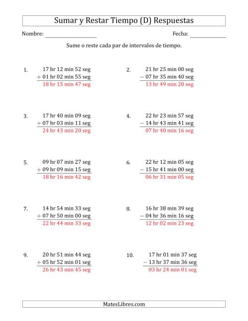 La hoja de ejercicios de Sumar y Restar Intervalos de Tiempo en Horas, Minutos y Segundos (Formato Largo) (D) Página 2