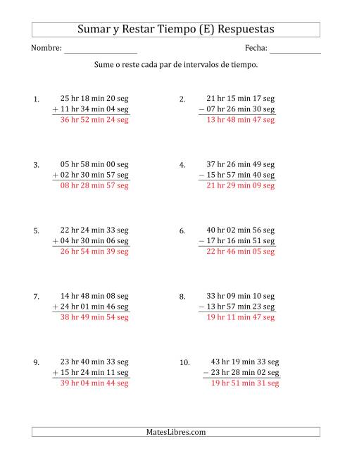 La hoja de ejercicios de Sumar y Restar Intervalos de Tiempo en Horas, Minutos y Segundos (Formato Largo) (E) Página 2