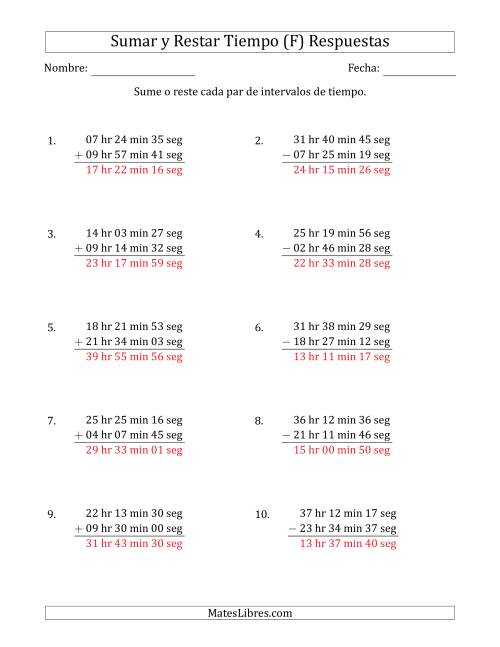 La hoja de ejercicios de Sumar y Restar Intervalos de Tiempo en Horas, Minutos y Segundos (Formato Largo) (F) Página 2