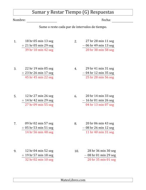 La hoja de ejercicios de Sumar y Restar Intervalos de Tiempo en Horas, Minutos y Segundos (Formato Largo) (G) Página 2
