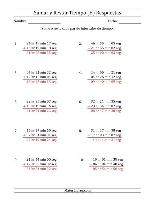 La hoja de ejercicios de Sumar y Restar Intervalos de Tiempo en Horas, Minutos y Segundos (Formato Largo) (H) Página 2