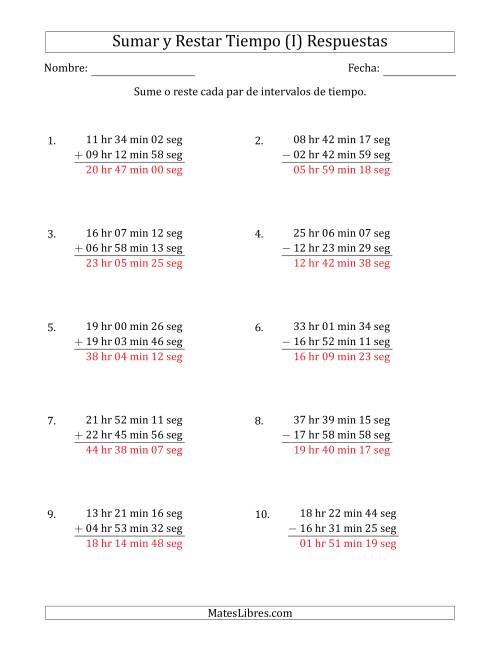 La hoja de ejercicios de Sumar y Restar Intervalos de Tiempo en Horas, Minutos y Segundos (Formato Largo) (I) Página 2