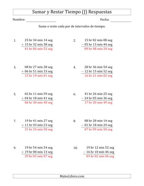 La hoja de ejercicios de Sumar y Restar Intervalos de Tiempo en Horas, Minutos y Segundos (Formato Largo) (J) Página 2