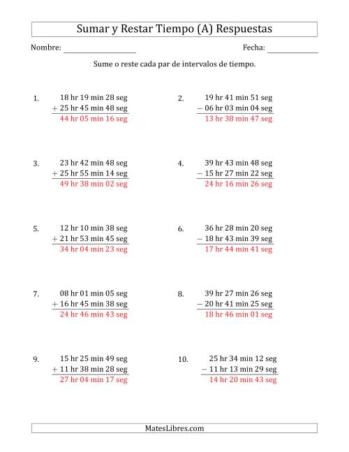 La hoja de ejercicios de Sumar y Restar Intervalos de Tiempo en Horas, Minutos y Segundos (Formato Largo) (Todas) Página 2