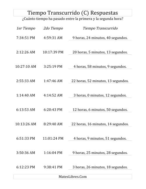 La hoja de ejercicios de Medir Tiempo Transcurrido, Hasta 24 Horas en Intervalos de 1 Minuto y 1 Segundo (C) Página 2