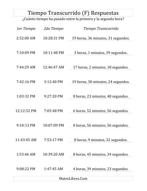 La hoja de ejercicios de Medir Tiempo Transcurrido, Hasta 24 Horas en Intervalos de 1 Minuto y 1 Segundo (F) Página 2
