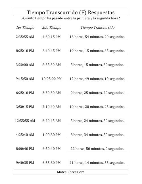 La hoja de ejercicios de Medir Tiempo Transcurrido, Hasta 24 Horas en Intervalos de 5 Minutos y 5 Segundos (F) Página 2