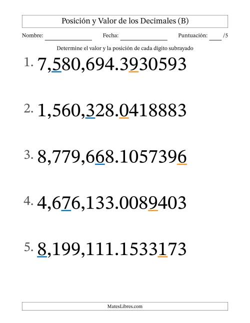 La hoja de ejercicios de Determinar Posición y Valor de Números con Decimales desde Las Diezmillonésimas hasta Los Millones (Formato Grande) (B)