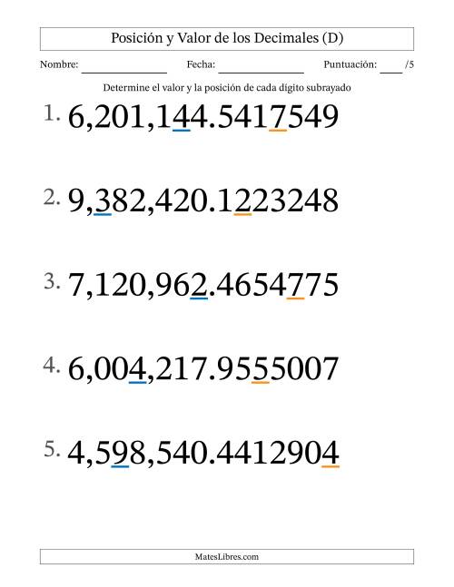 La hoja de ejercicios de Determinar Posición y Valor de Números con Decimales desde Las Diezmillonésimas hasta Los Millones (Formato Grande) (D)